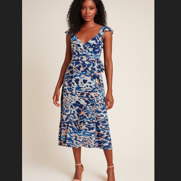Anthropologie Hutch Kapari Wrap Marble Blue Flutter Sleeve Dress Sz M Flowy NWT - Picture 1 of 16